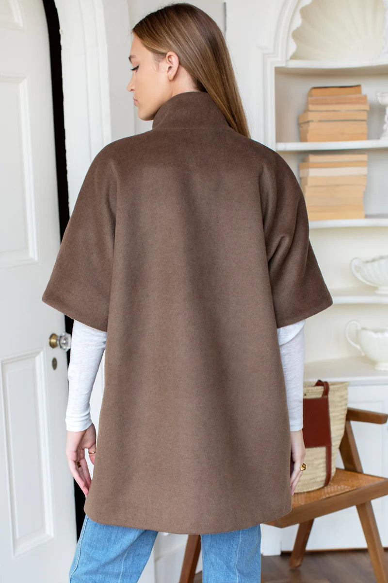 Image of model wearing EMERSON FRY Layering Jacket in Umber Brown Wool. Made in USA. 