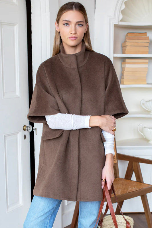 Image of model wearing EMERSON FRY Layering Jacket in Umber Brown Wool. Made in USA. 