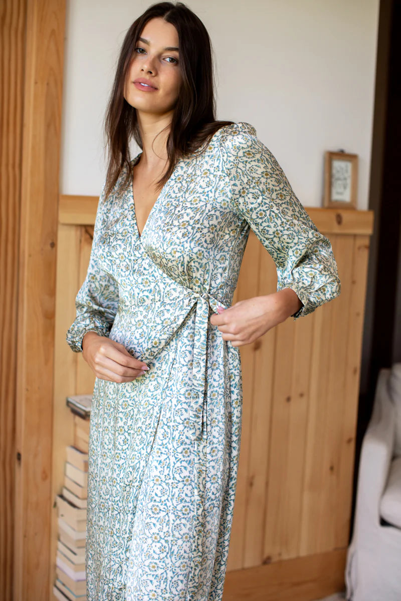 EMERSON FRY INDIA COLLECTION - Artisan Made Eco-Friendly Apparel - Bishop Long Sleeve Wrap Dress - Cream Modal Satin with Teal Blue and Gold Floral Print