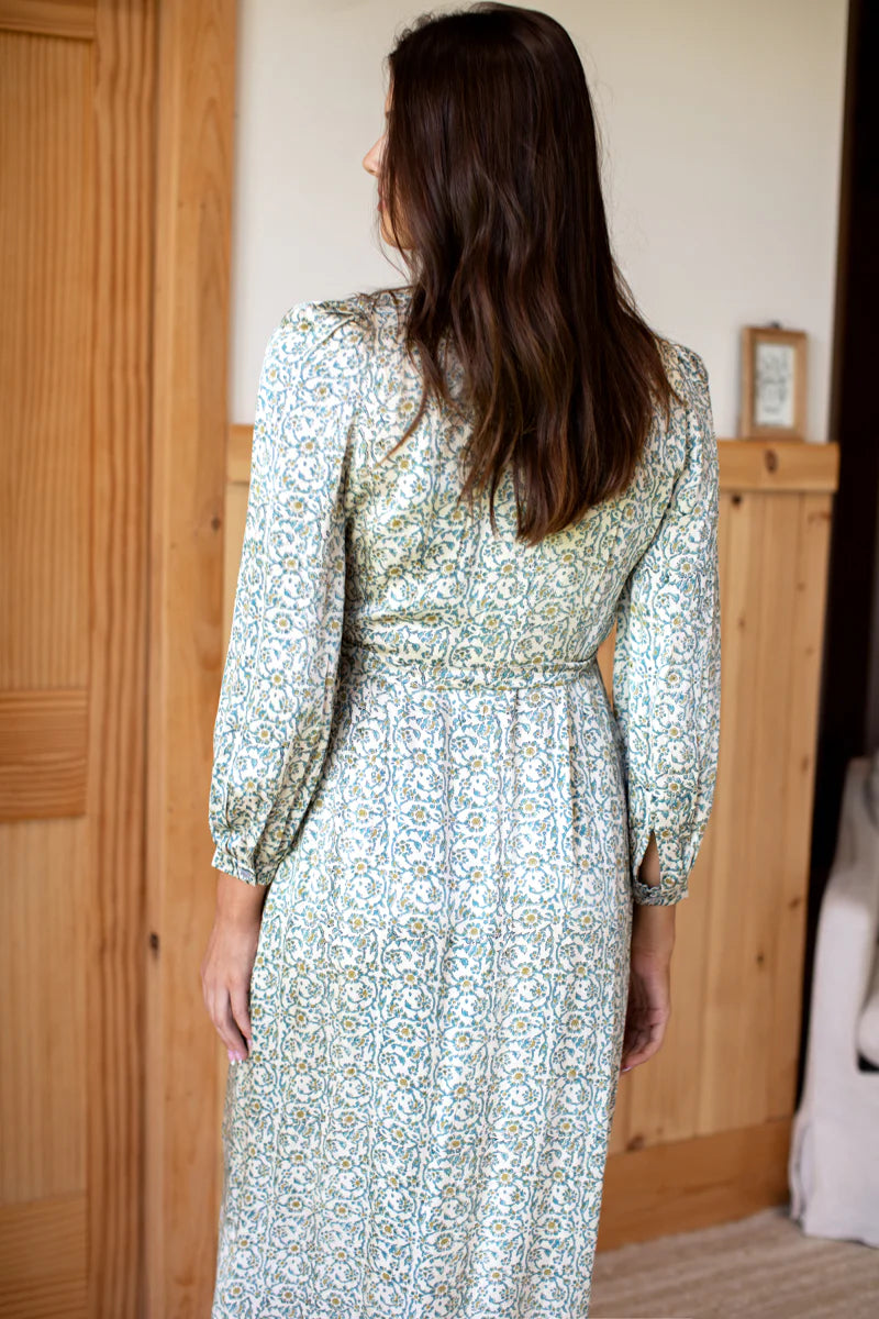 EMERSON FRY INDIA COLLECTION - Artisan Made Eco-Friendly Apparel - Bishop Long Sleeve Wrap Dress - Cream Modal Satin with Teal Blue and Gold Floral Print