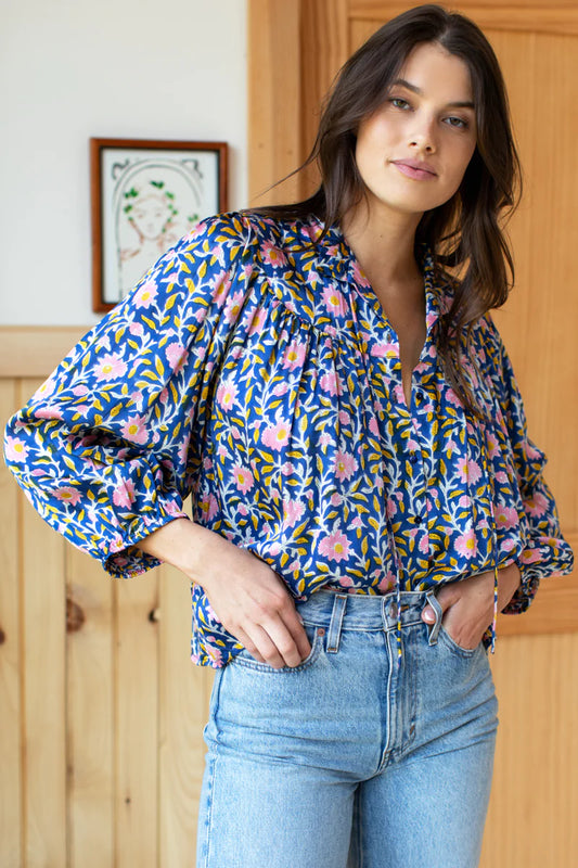 EMERSON FRY INDIA COLLECTION - Artisan Made Eco-Friendly Apparel - Emmaline Modal Peasant Blouse - Block Printed with Pink and Yellow Flowers on Indigo Blue