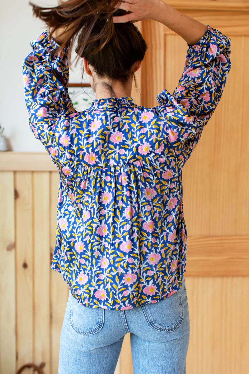 EMERSON FRY INDIA COLLECTION - Artisan Made Eco-Friendly Apparel - Emmaline Modal Peasant Blouse - Block Printed with Pink and Yellow Flowers on Indigo Blue