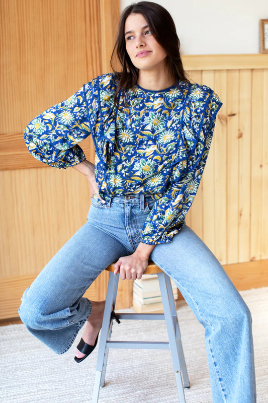EMERSON FRY INDIA COLLECTION - Artisan Made Eco-Friendly Apparel - Filipa Modal Satin Close with Ruffled Details - Block Printed with Green and Yellow Flowers on Classic Blue