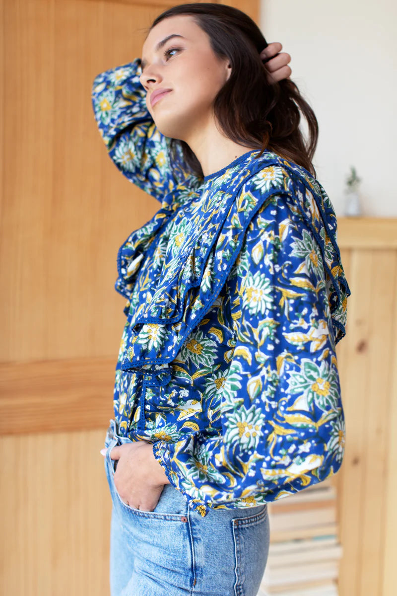 EMERSON FRY INDIA COLLECTION - Artisan Made Eco-Friendly Apparel - Filipa Modal Satin Close with Ruffled Details - Block Printed with Green and Yellow Flowers on Classic Blue