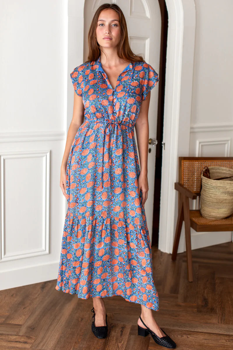 EMERSON FRY_India Collection Dress+Frances 3 Maxi Dress with Frilled Sleeve and Hemline_Tie Waist Detail_Modal Satinin Chataeu Floral_Blue with Peach Orange Flower Print