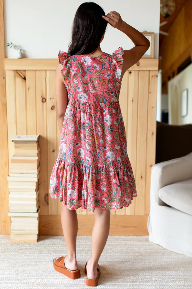EMERSON FRY_India Collection Dresses_Organic Cotton Angel Babydoll Dress with Flutter Sleeves and Knee Length Frilled Hem_Pink Chelsey Floral Print