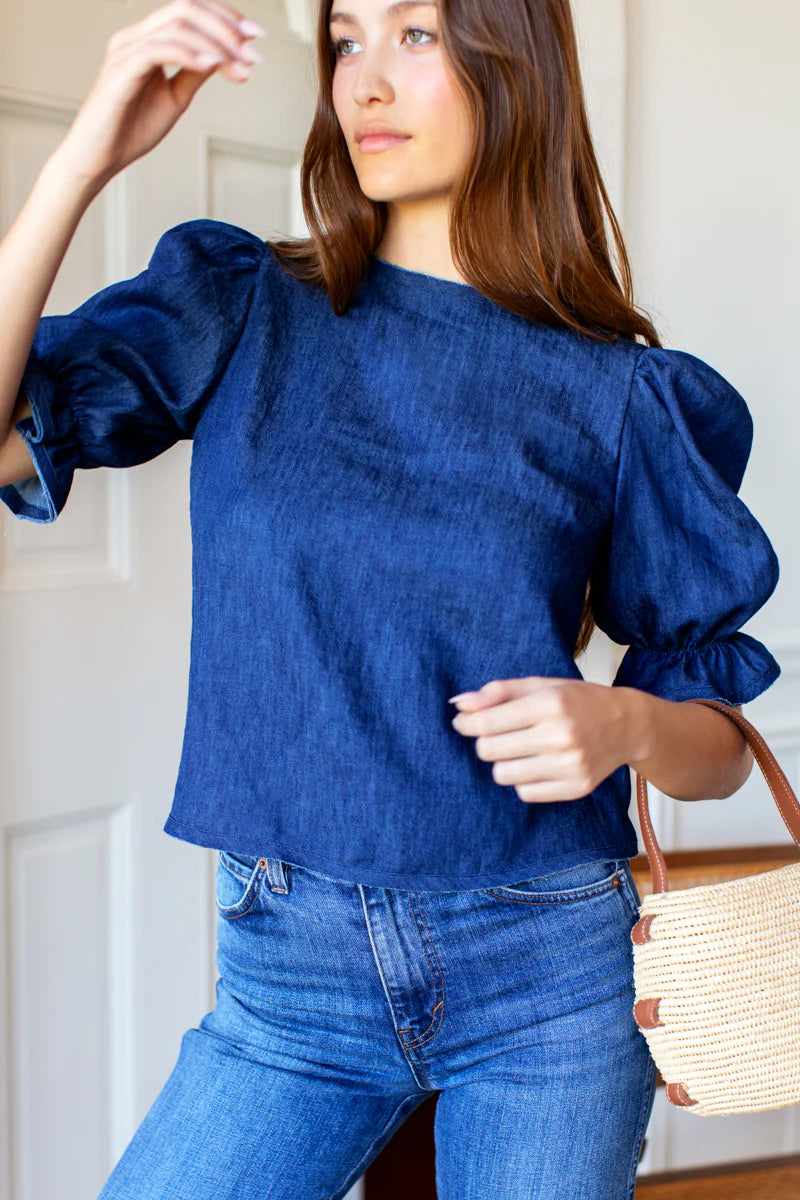 EMERSON FRY_Summer Blouses_Pearl Puff Sleeve Popover Blouse in Indigo Hemp Dark Wash Chambray