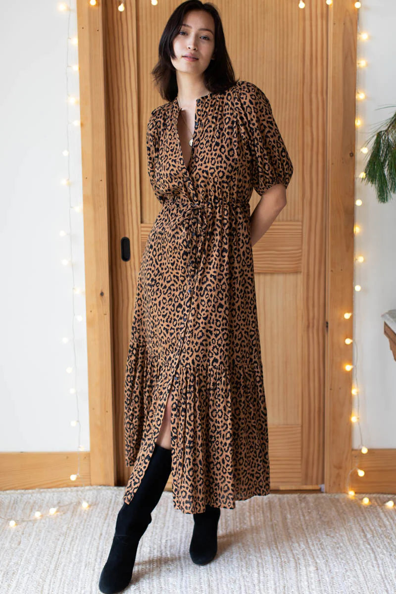 Emerson Fry Women's India Collection Maxi Puff Sleeve Leopard Print Lucy Dress Organic Cotton