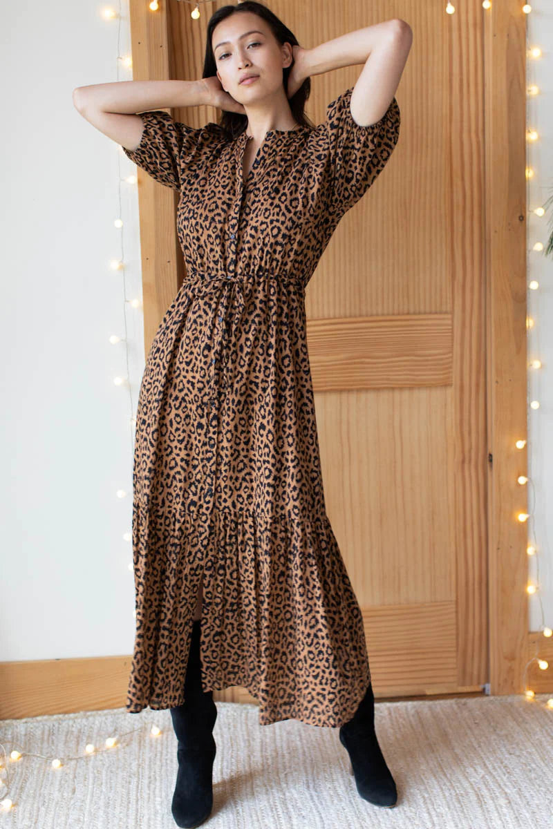 Emerson Fry Women's India Collection Maxi Puff Sleeve Leopard Print Lucy Dress Organic Cotton