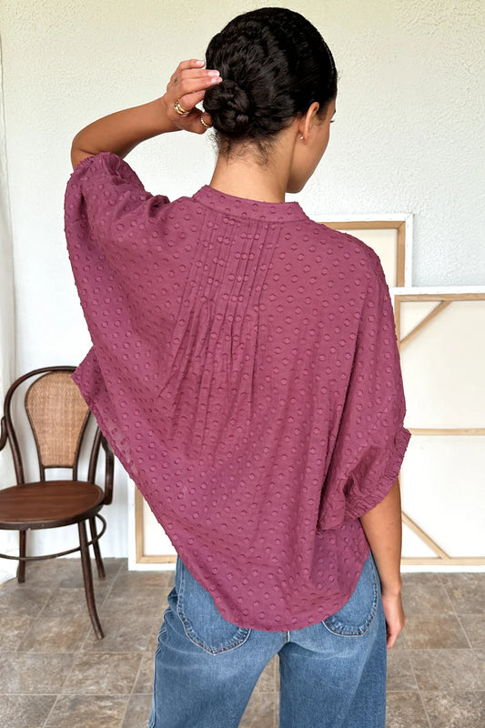 Image of model wearing Emerson Fry x Love Tomas collection Organic Cotton Mandarin Collar Top in Crushed Berry Jacquard. 