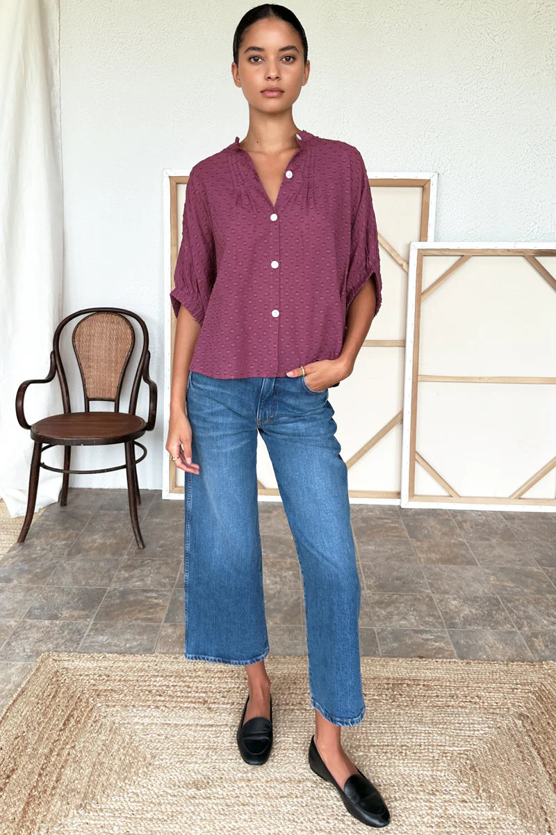 Image of model wearing Emerson Fry x Love Tomas collection Organic Cotton Mandarin Collar Top in Crushed Berry Jacquard. 