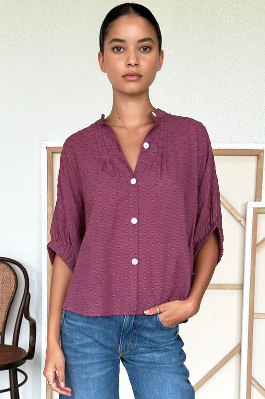 Image of model wearing Emerson Fry x Love Tomas collection Organic Cotton Mandarin Collar Top in Crushed Berry Jacquard. 