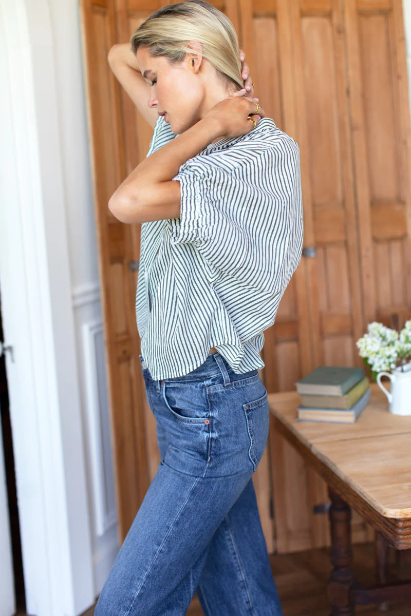 Image of model wearing EMERSON FRY (LOVE TOMAS COLLECTION) Mandarin Collar Top in Moss Stripe Organic Cotton.
