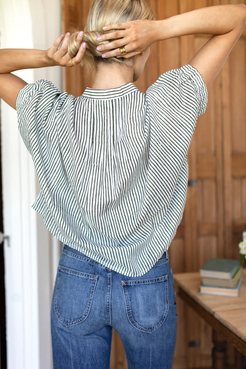 Image of model wearing EMERSON FRY (LOVE TOMAS COLLECTION) Mandarin Collar Top in Moss Stripe Organic Cotton.