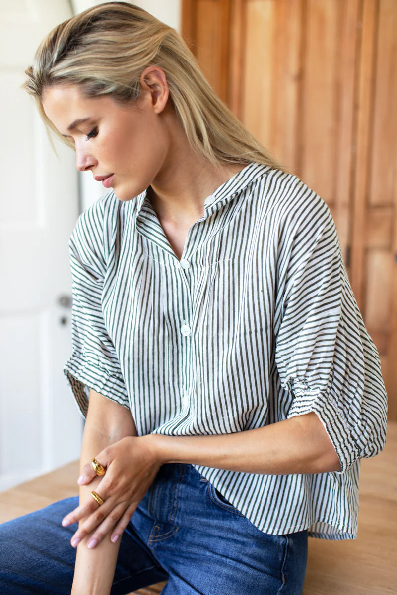 Image of model wearing EMERSON FRY (LOVE TOMAS COLLECTION) Mandarin Collar Top in Moss Stripe Organic Cotton.