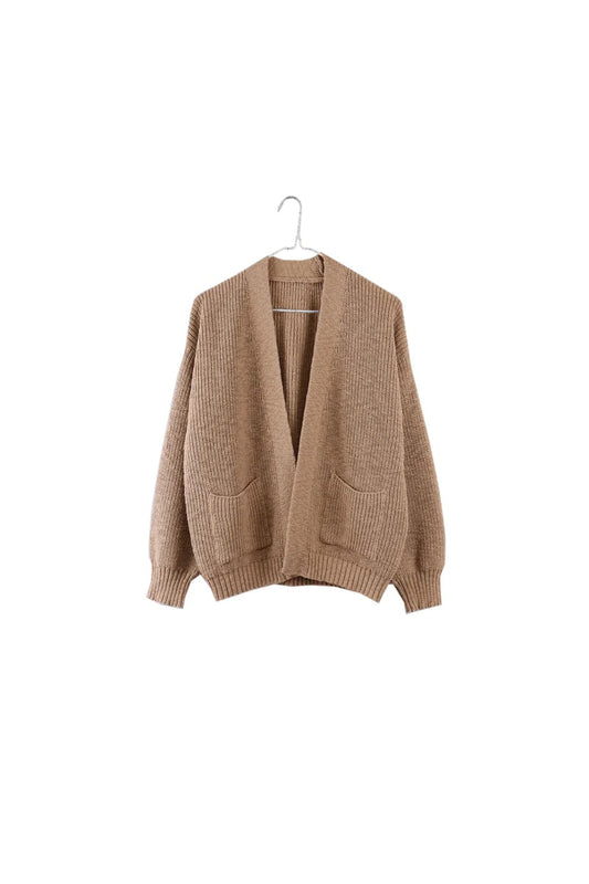 IT IS WELL LA - Elevated Ethical Basics - Easy Open Style Cardigan with Front Patch Pockets on Hanger - Camel Cotton - Made in USA