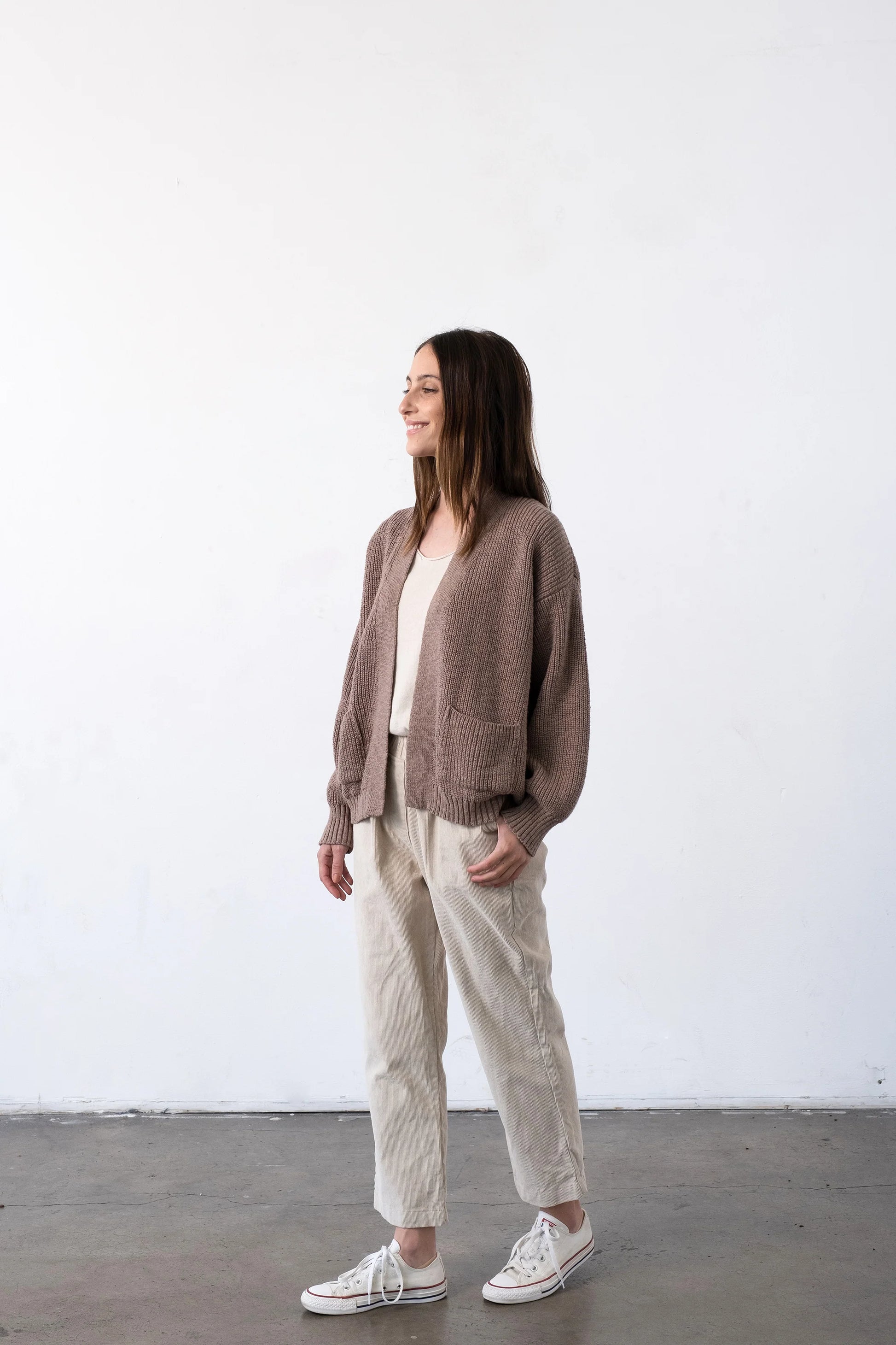 IT IS WELL LA - Elevated Ethical Basics - Easy Open Style Cardigan with Front Patch Pockets on Model - Camel Cotton - Made in USA