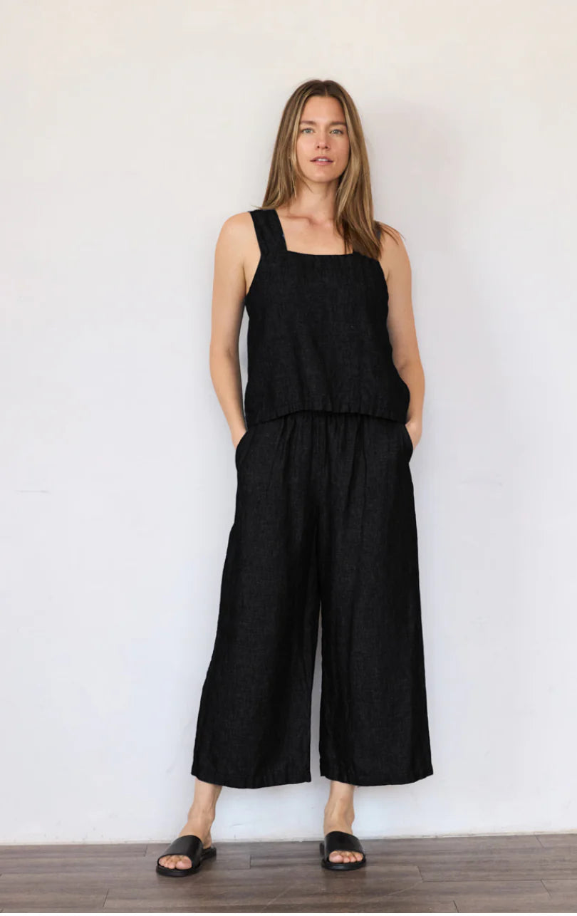 Image of IT IS WELL LA Linen Strap Tank in Black. This tank has a square neckline + back opening, hits medium length, and thick straps. Made in USA.