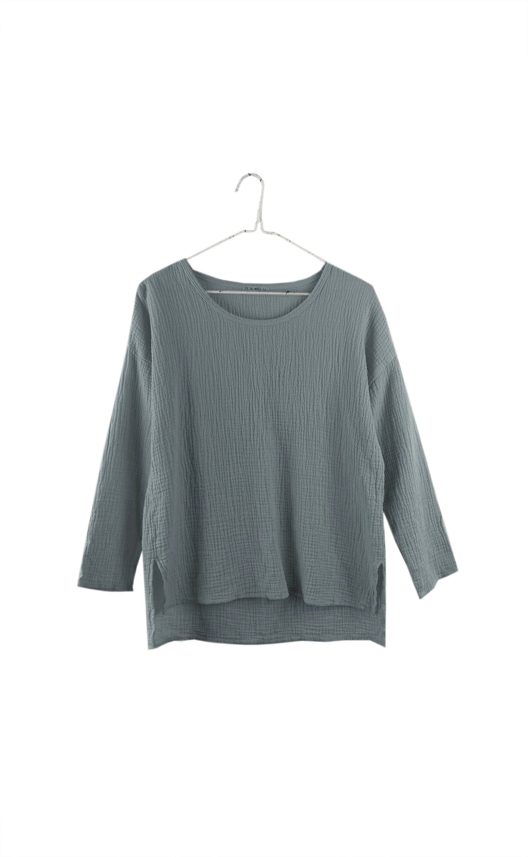 It Is Well LA - Elevated Ethical Basics Made in USA - Organic Gauze Cotton Long Sleeve Hi-Lo Top - Blue Grey Cotton on Hanger