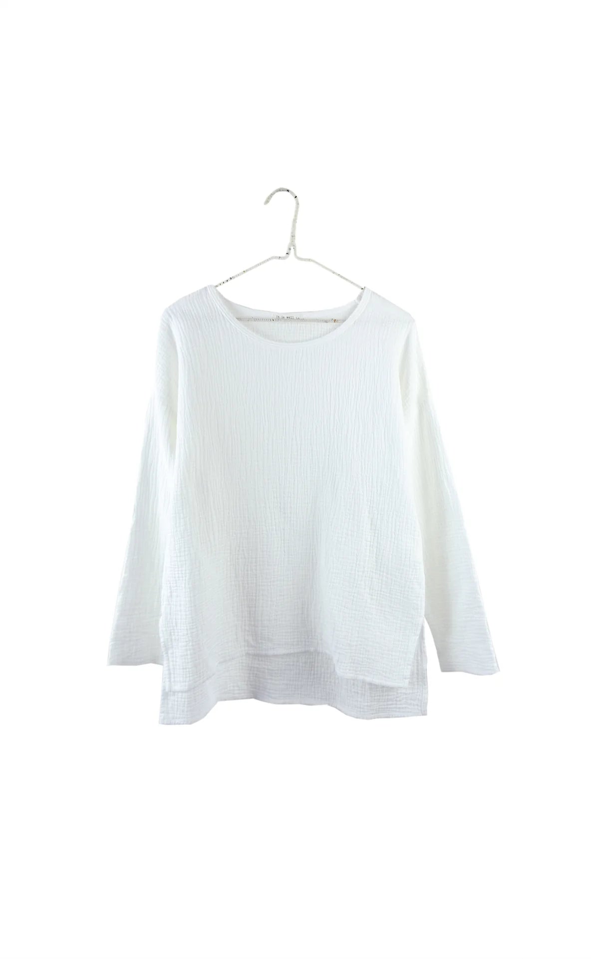 It Is Well LA - Elevated Ethical Basics Made in USA - Organic Gauze Cotton Long Sleeve Hi-Lo Top - Salt White Cotton on Hanger
