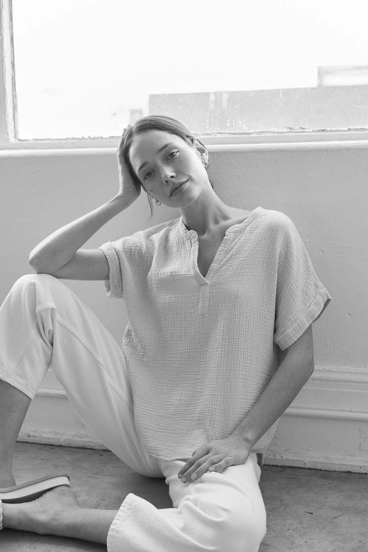 Image of It Is Well LA Mandarin Collar Gauze Top in Salt White Organic Cotton. Made in USA.