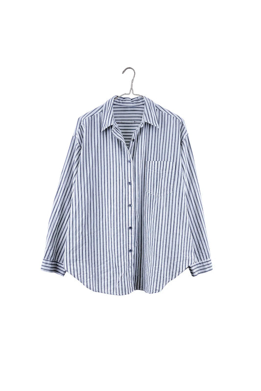 Image of IT IS WELL LA Oversized Striped Cotton Button Down in Blue and White Stripe. Made in USA.