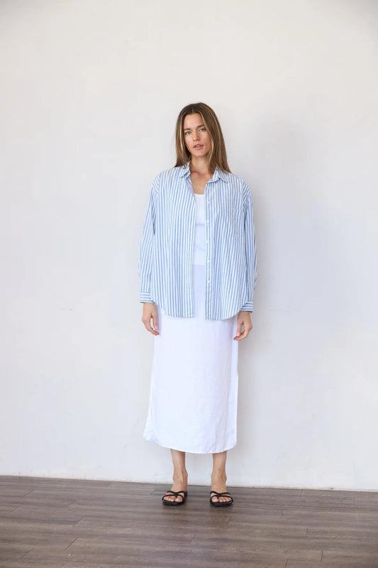 Image of IT IS WELL LA Oversized Striped Cotton Button Down in Blue and White Stripe. Made in USA.