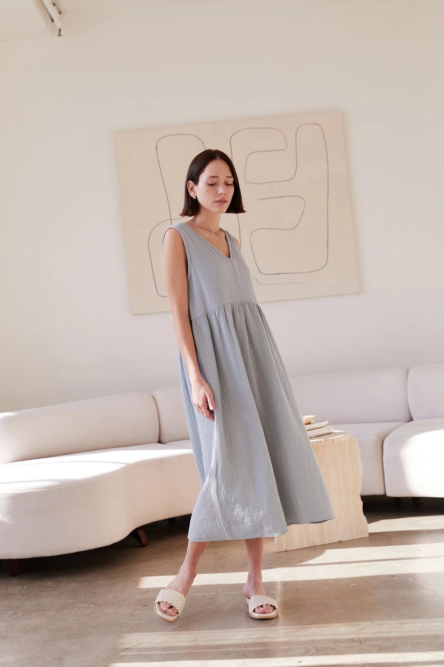 It Is Well LA - Elevated Ethical Basics Made in USA - Reversible Organic Cotton Gauze Midi Dress on Model - Misty Sage