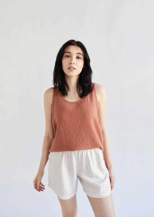 It Is Well LA - Elevated Ethical Basics Made in USA - Reversible Organic Cotton Gauze Tank Top on Model - Sienna