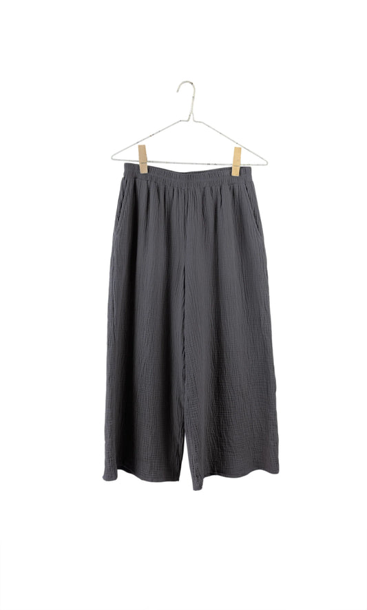 It Is Well LA - Elevated Ethical Basics Made in USA - Organic Cotton Gauze Wide Leg Crop Pant with Elastic Waist on Hanger - Charcoal Black