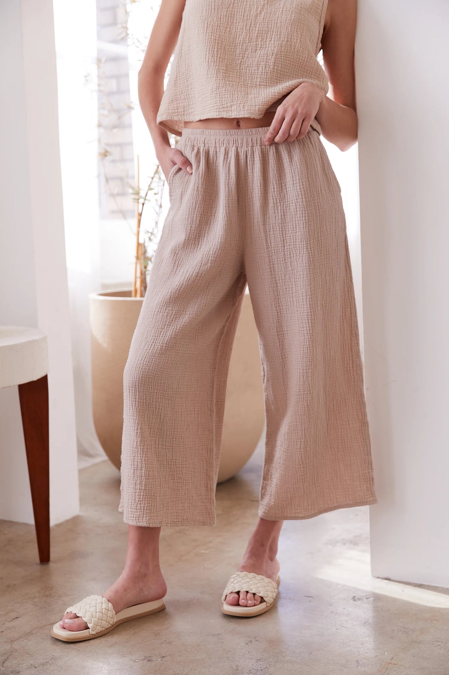 It Is Well LA - Elevated Ethical Basics Made in USA - Organic Cotton Gauze Wide Leg Crop Pant with Elastic Waist on Model 