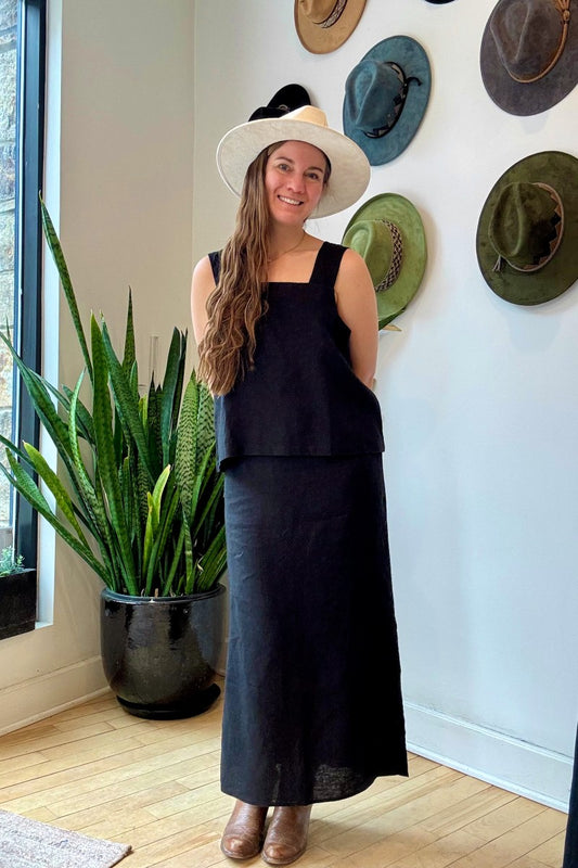 Image of IT IS WELL LA Linen Strap Tank in Black. This tank has a square neckline + back opening, hits medium length, and thick straps. Made in USA.