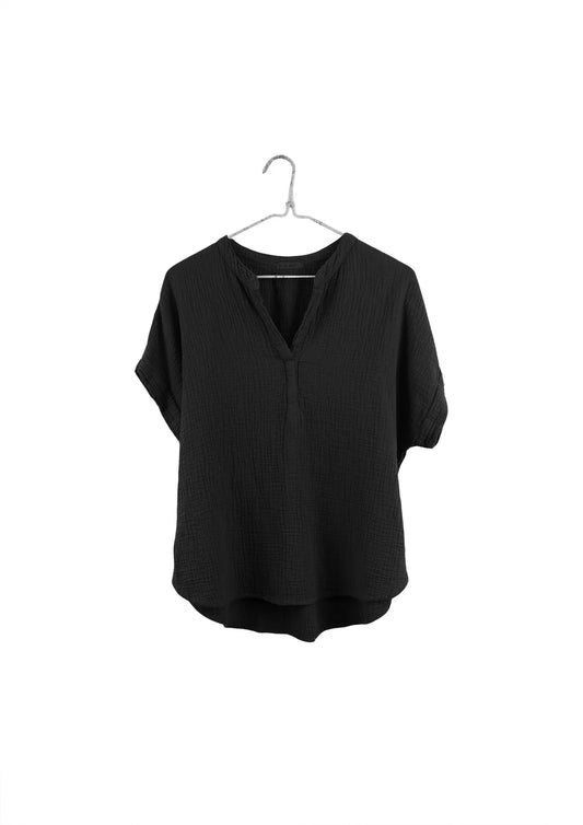 Short Sleeve Mandarin Gauze Top | Black Organic