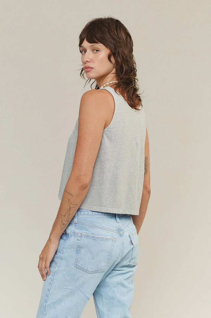 Image of Jungmaven Heathered Cropped Tank in Athletic Grey. Cropped Tank is a swinging tank top with side slit details and about 1/2 inch straps. Made in USA from Hemp-Organic Cotton fabric.
