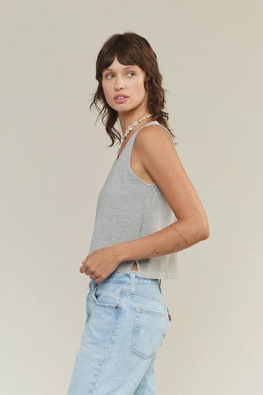 Image of Jungmaven Heathered Cropped Tank in Athletic Grey. Cropped Tank is a swinging tank top with side slit details and about 1/2 inch straps. Made in USA from Hemp-Organic Cotton fabric.