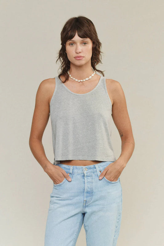 Image of Jungmaven Heathered Cropped Tank in Athletic Grey. Cropped Tank is a swinging tank top with side slit details and about 1/2 inch straps. Made in USA from Hemp-Organic Cotton fabric.