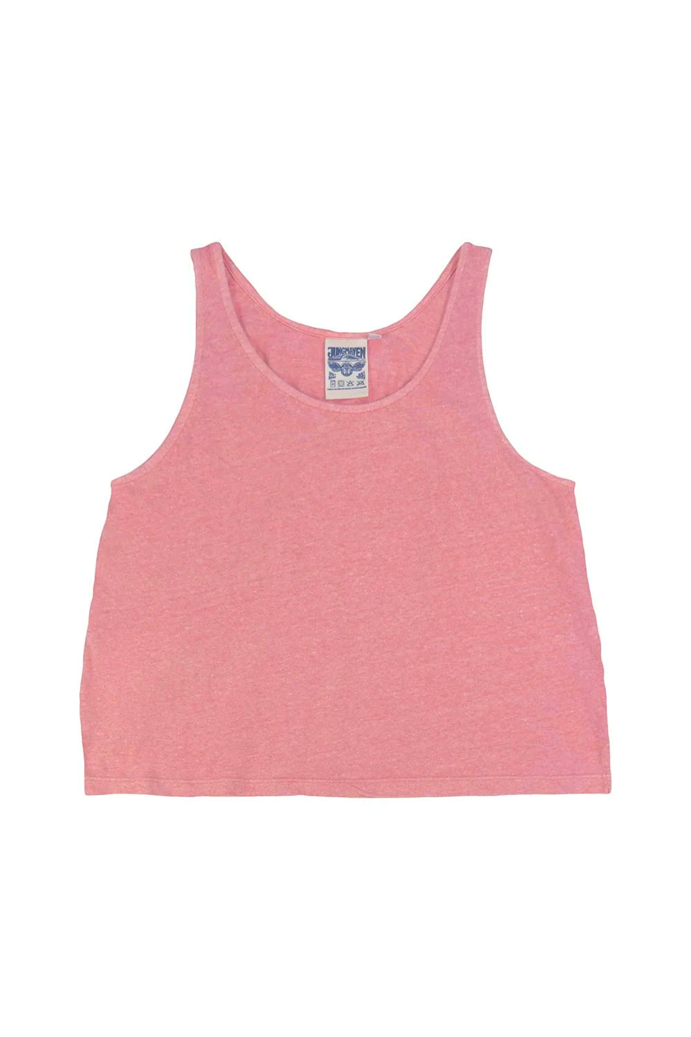 Image of Jungmaven Heathered Cropped Tank in Sunset Coral. Cropped Tank is a swinging tank top with side slit details and about 1/2 inch straps. Made in USA from Hemp-Organic Cotton fabric. 