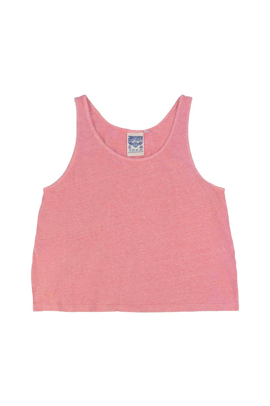 Image of Jungmaven Heathered Cropped Tank in Sunset Coral. Cropped Tank is a swinging tank top with side slit details and about 1/2 inch straps. Made in USA from Hemp-Organic Cotton fabric. 