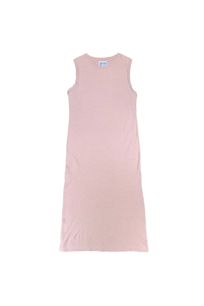 Image of Jungmaven Hermosa Dress in Rosewater Pink. Hermosa Dress is a midi length sleeveless tank dress with symmetrical side slits. Made in USA from Hemp-Organic Cotton fabric.