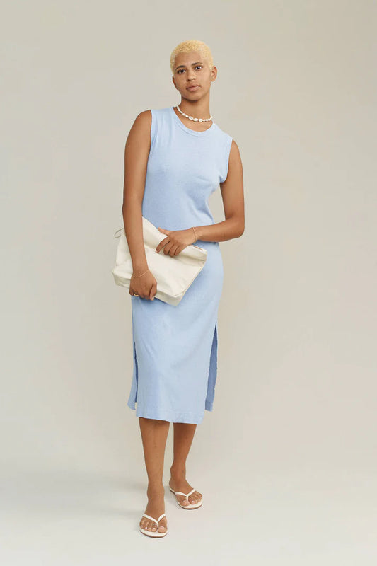 Image of Jungmaven Hermosa Dress in Coastal Blue. Hermosa Dress is a midi length sleeveless tank dress with symmetrical side slits. Made in USA from Hemp-Organic Cotton fabric.