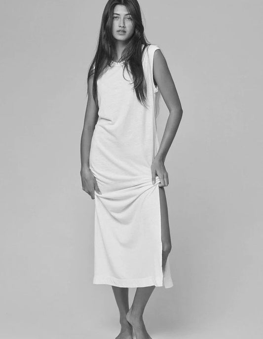 Image of Jungmaven Hermosa Dress in Navy Blue. Hermosa Dress is a midi length sleeveless tank dress with symmetrical side slits. Made in USA from Hemp-Organic Cotton fabric.