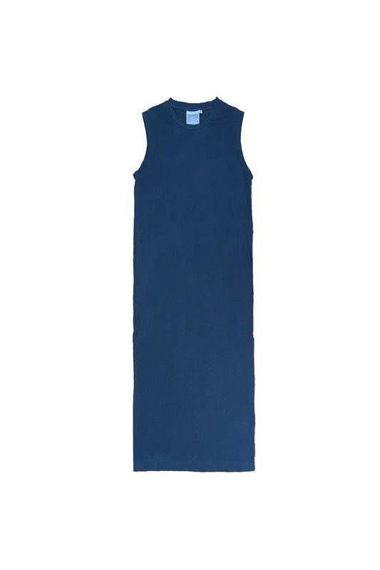 Image of Jungmaven Hermosa Dress in Navy Blue. Hermosa Dress is a midi length sleeveless tank dress with symmetrical side slits. Made in USA from Hemp-Organic Cotton fabric.