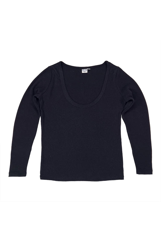 JUNGMAVEN Sustainable Hemp Clothing | Women's Paseo Scoop Neck Long Sleeve Tee in Baby Rib Fabric | Hemp and Organic Cotton Blend | Washed Black Garment Dye