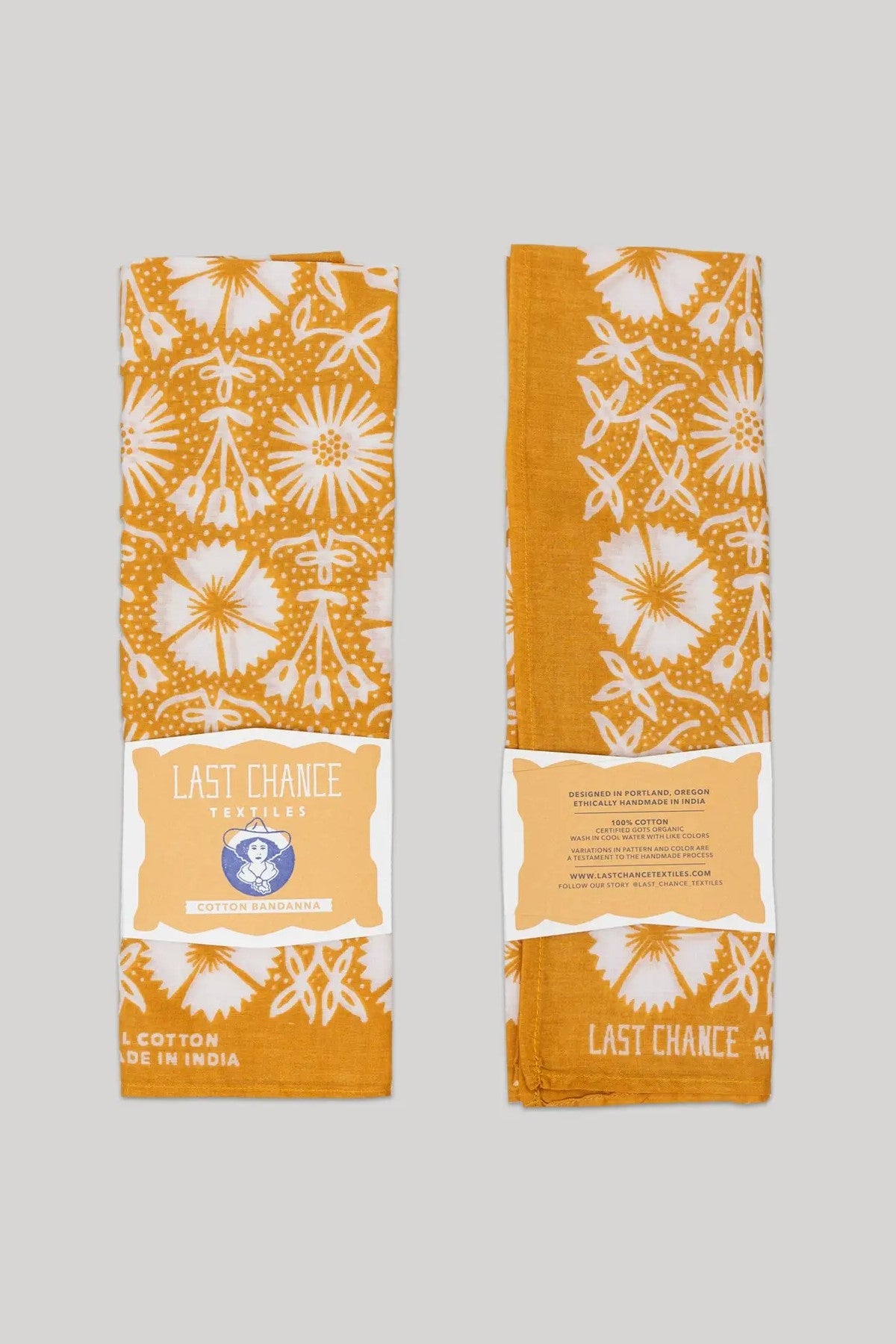 LAST CHANCE TEXTILES _ HAND DRAWN HAND BLOCK PRINTED NATURAL DYE GOTS ORGANIC COTTON BANDANA _ MADE IN INDIA _ FLORAL PRINT _ BUTTERNUT GOLD