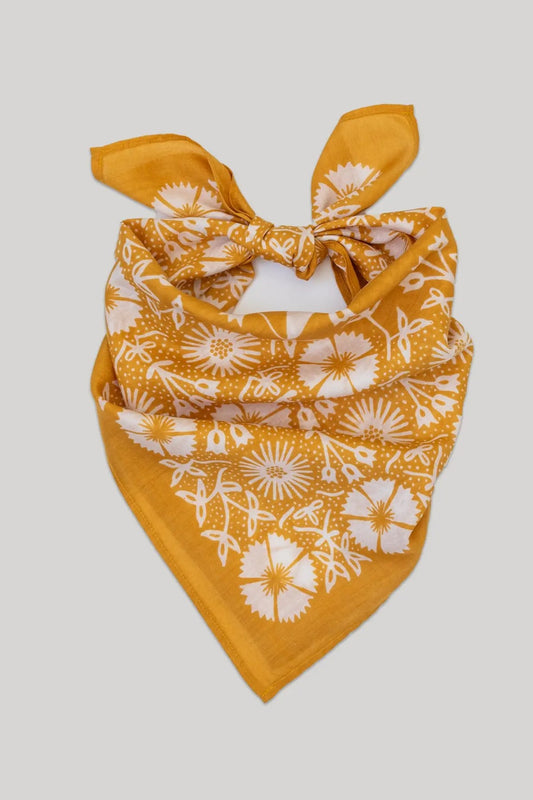 LAST CHANCE TEXTILES _ HAND DRAWN HAND BLOCK PRINTED NATURAL DYE GOTS ORGANIC COTTON BANDANA _ MADE IN INDIA _ FLORAL PRINT _ BUTTERNUT GOLD