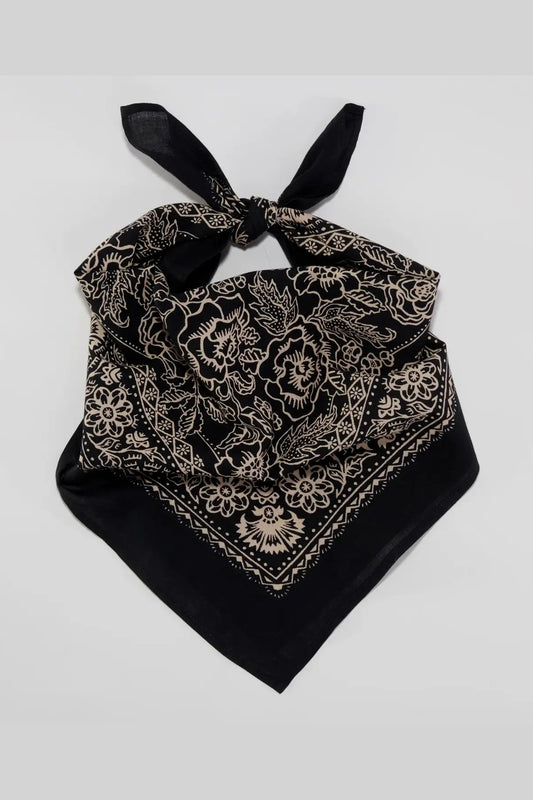 LAST CHANCE TEXTILES _ HAND DRAWN HAND BLOCK PRINTED NATURAL DYE GOTS ORGANIC COTTON BANDANA _ MADE IN INDIA _ FLORA PRINT _ SOFT BLACK