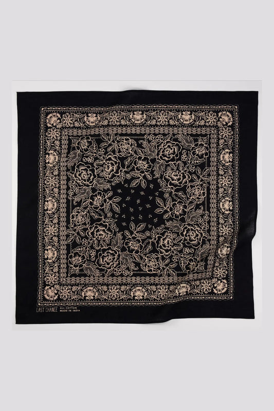 LAST CHANCE TEXTILES _ HAND DRAWN HAND BLOCK PRINTED NATURAL DYE GOTS ORGANIC COTTON BANDANA _ MADE IN INDIA _ FLORA PRINT _ SOFT BLACK