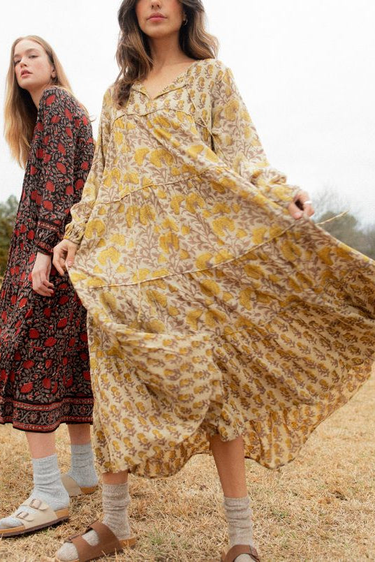 MAELU DESIGNS_Ethically_Made_Artisan_Textiles_Soft Yellow Marigold Modal Blockprint _ Boho Printed Maxi Peasant Dress
