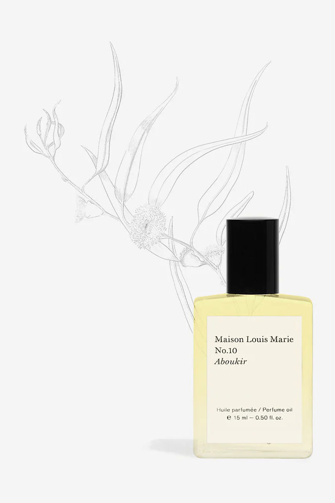 MAISON LOUIS MARIE Roll-On Perfume Oil Shown in Studio with Sketched Flowers _ No. 10 Aboukir 0.5 fl oz Personal Fragrance