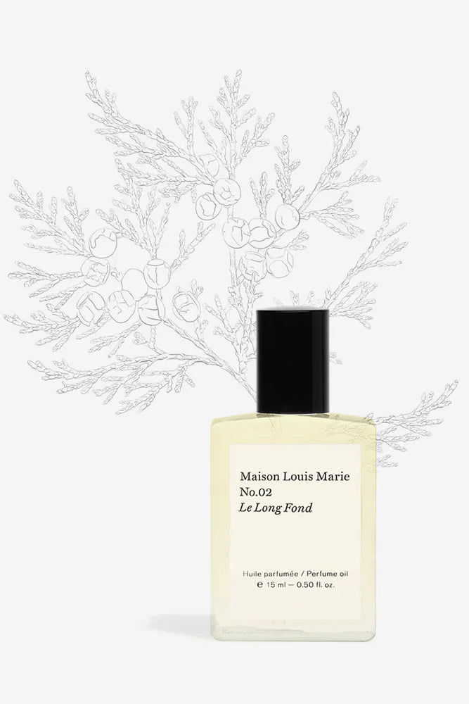 MAISON LOUIS MARIE Roll-On Perfume Fragrance shown in studio with Flower Sketches _ No. 3 Le Long Fond 0.5 fl oz roll-on personal fragrance oil